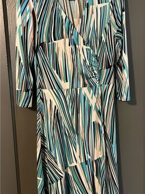 BCBG Teal, Black, White & Beige Abstract Stripe Wrap Dress
